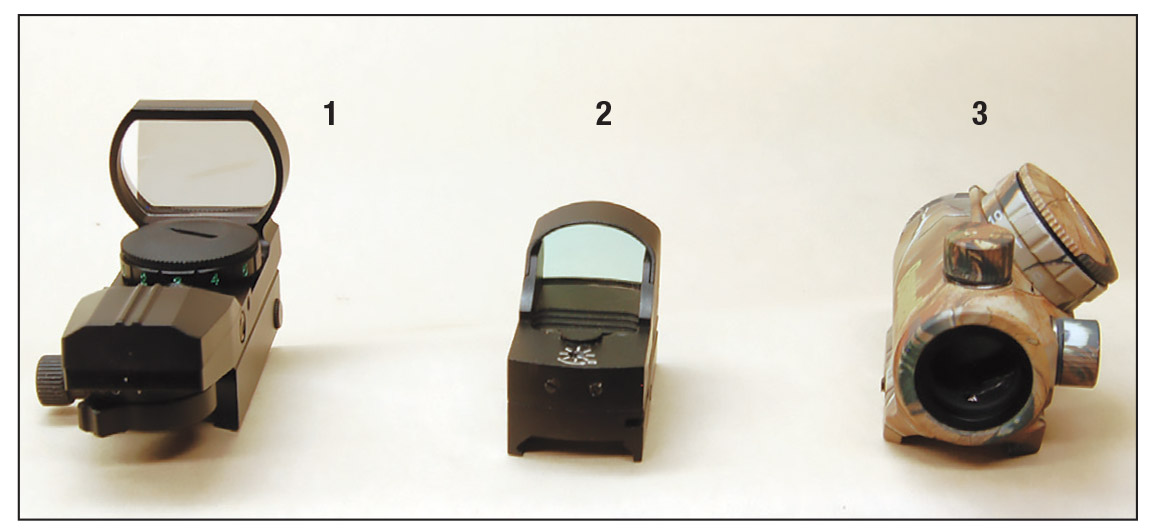 Examples of red dot sights are Open Red Dots (1 & 2), which are the most common and Closed Red Dots (3), which are more rugged.